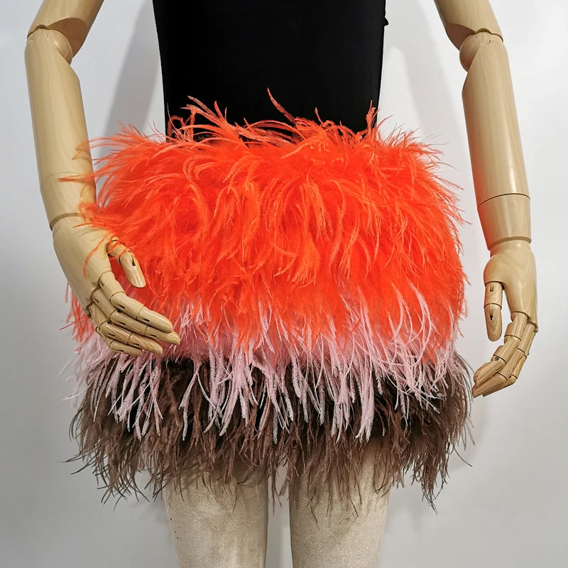 True ostrich feather Multicolor Mini Skirt Elastic Waist  Sexy Clothing Club Party Dance Rave Short Skirt Note select 3 colors