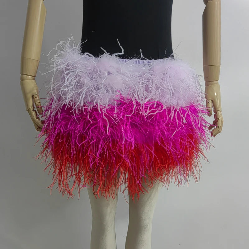 True ostrich feather Multicolor Mini Skirt Elastic Waist  Sexy Clothing Club Party Dance Rave Short Skirt Note select 3 colors
