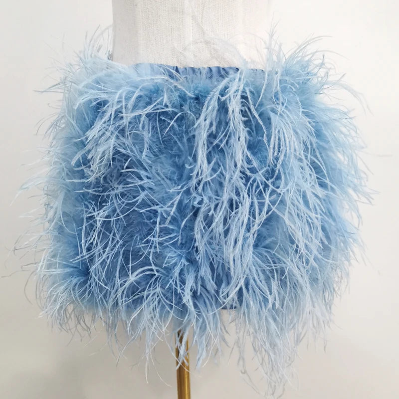 True ostrich feather Multicolor Mini Skirt Elastic Waist  Sexy Clothing Club Party Dance Rave Short Skirt Note select 3 colors