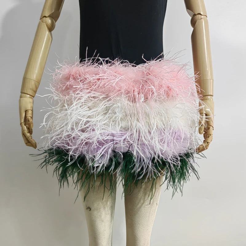 True ostrich feather Multicolor Mini Skirt Elastic Waist  Sexy Clothing Club Party Dance Rave Short Skirt Note select 3 colors