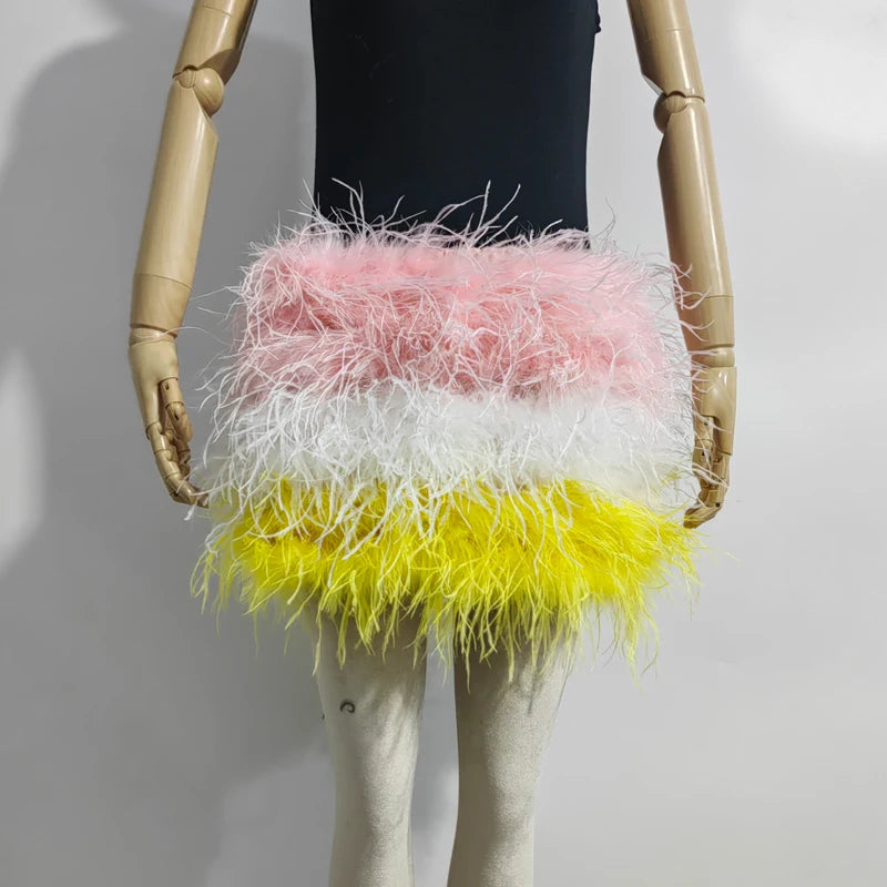 True ostrich feather Multicolor Mini Skirt Elastic Waist  Sexy Clothing Club Party Dance Rave Short Skirt Note select 3 colors