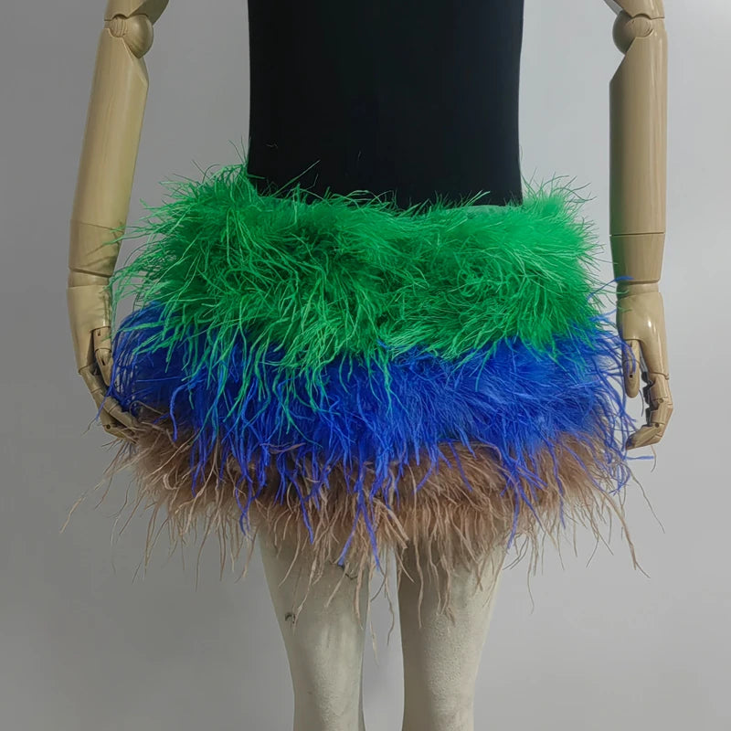 True ostrich feather Multicolor Mini Skirt Elastic Waist  Sexy Clothing Club Party Dance Rave Short Skirt Note select 3 colors