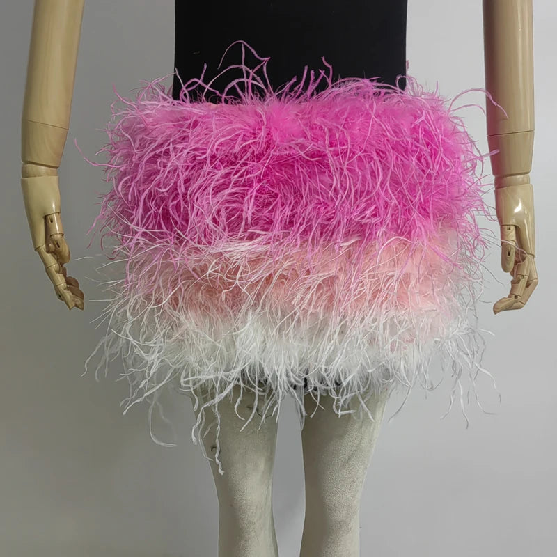 True ostrich feather Multicolor Mini Skirt Elastic Waist  Sexy Clothing Club Party Dance Rave Short Skirt Note select 3 colors