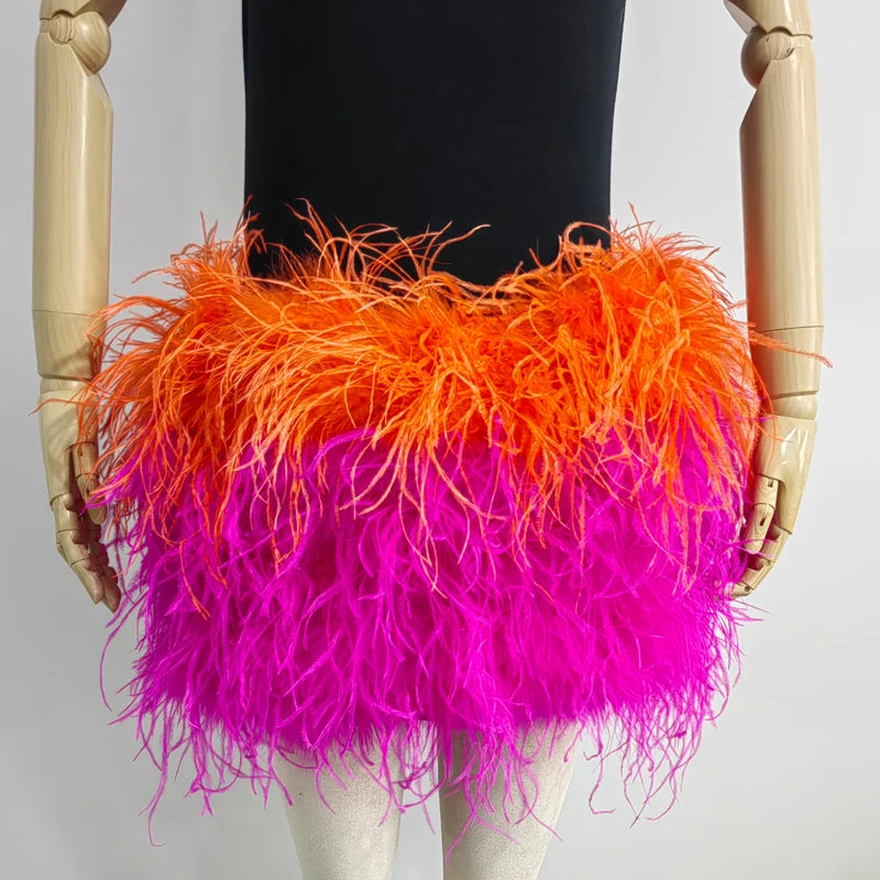 True ostrich feather Multicolor Mini Skirt Elastic Waist  Sexy Clothing Club Party Dance Rave Short Skirt Note select 3 colors