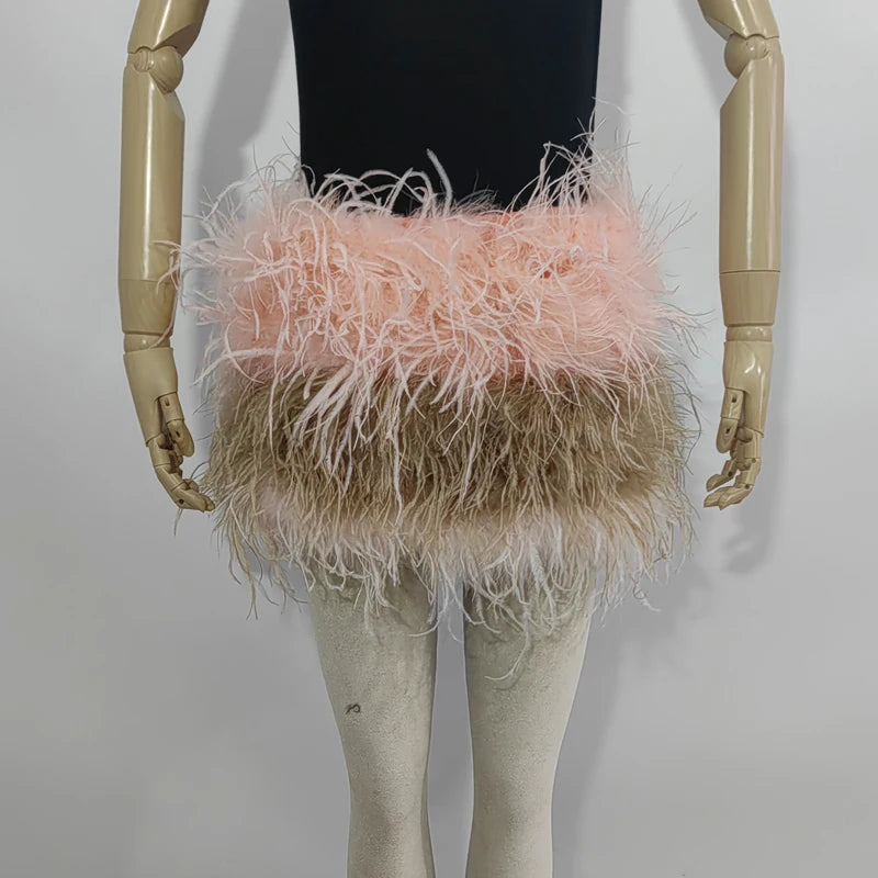 True ostrich feather Multicolor Mini Skirt Elastic Waist  Sexy Clothing Club Party Dance Rave Short Skirt Note select 3 colors