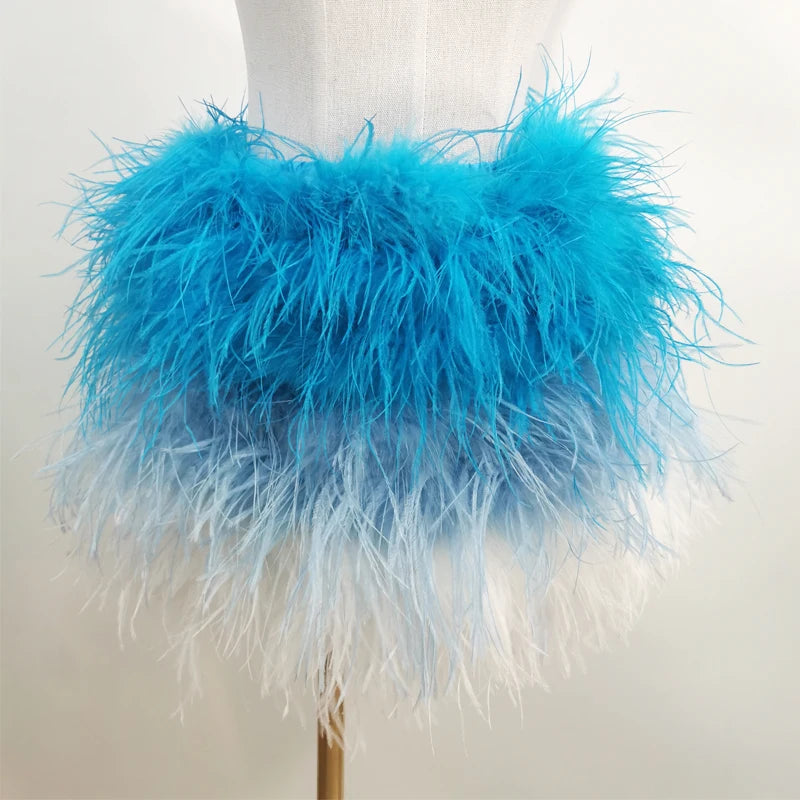 True ostrich feather Multicolor Mini Skirt Elastic Waist  Sexy Clothing Club Party Dance Rave Short Skirt Note select 3 colors