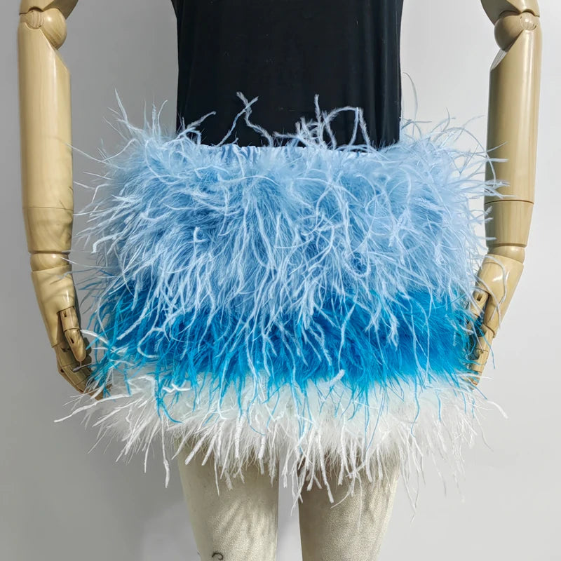 True ostrich feather Multicolor Mini Skirt Elastic Waist  Sexy Clothing Club Party Dance Rave Short Skirt Note select 3 colors