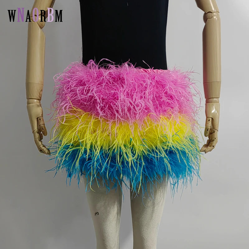 True ostrich feather Multicolor Mini Skirt Elastic Waist  Sexy Clothing Club Party Dance Rave Short Skirt Note select 3 colors