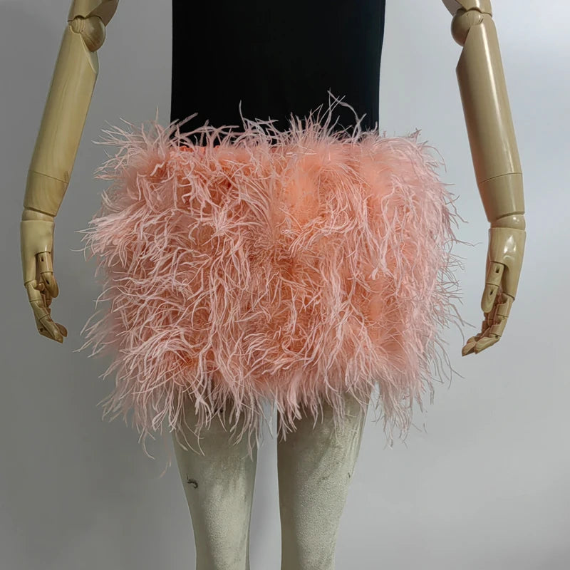 True ostrich feather Multicolor Mini Skirt Elastic Waist  Sexy Clothing Club Party Dance Rave Short Skirt Note select 3 colors