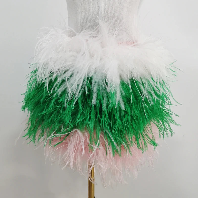 True ostrich feather Multicolor Mini Skirt Elastic Waist  Sexy Clothing Club Party Dance Rave Short Skirt Note select 3 colors