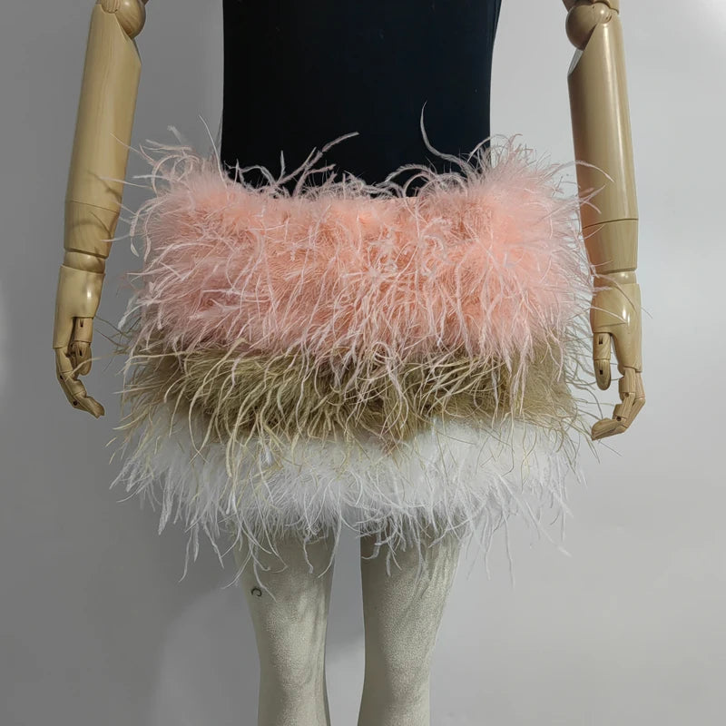 True ostrich feather Multicolor Mini Skirt Elastic Waist  Sexy Clothing Club Party Dance Rave Short Skirt Note select 3 colors