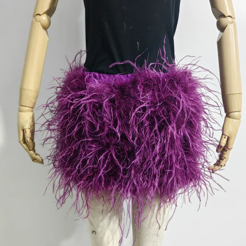 True ostrich feather Multicolor Mini Skirt Elastic Waist  Sexy Clothing Club Party Dance Rave Short Skirt Note select 3 colors
