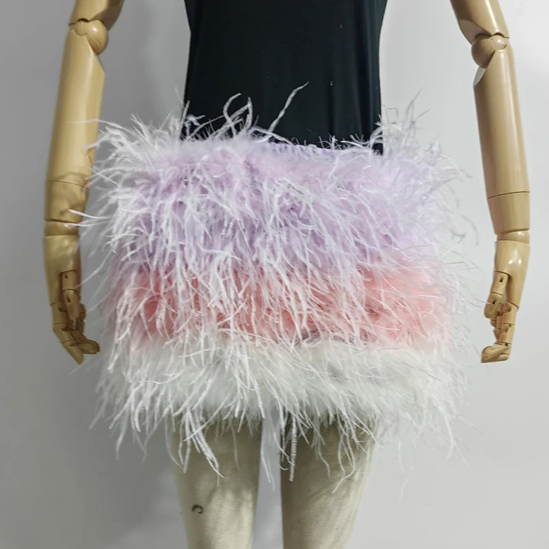True ostrich feather Multicolor Mini Skirt Elastic Waist  Sexy Clothing Club Party Dance Rave Short Skirt Note select 3 colors